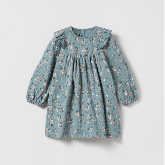 Zara Other - Zara Textured Floral Dress with Ruffle Shoulders